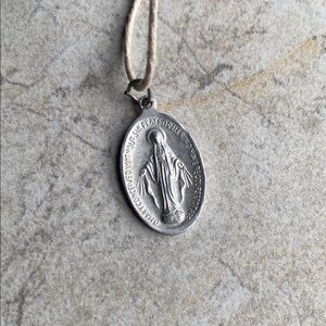 Italy Silver Stamped Oval Religious Pendant Hemp Choker